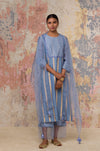 Ash Blue Chanderi Hand Block Printed Kurta Set