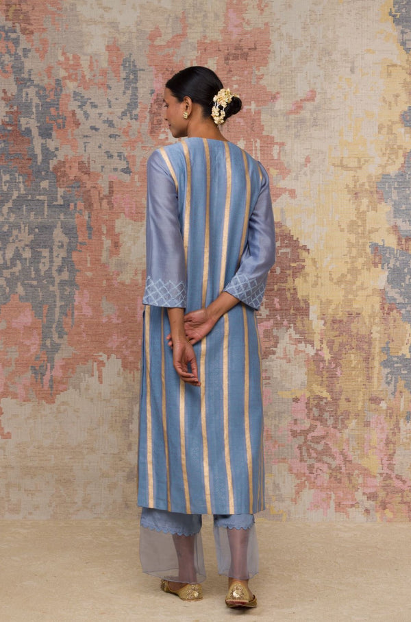 Ash Blue Chanderi Hand Block Printed Kurta Set