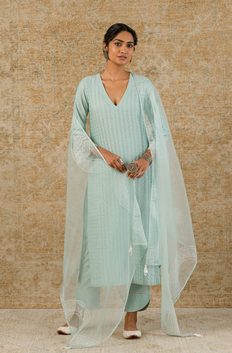 Sage Green Pin Tuck Embroidered Kurta Set