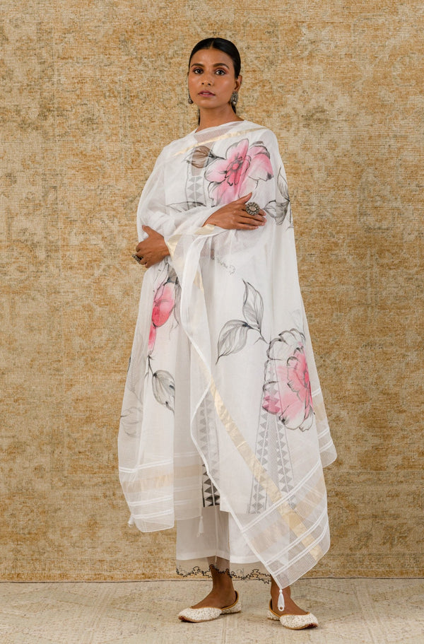 Ivory and Black Hand-Painted Kurta Set