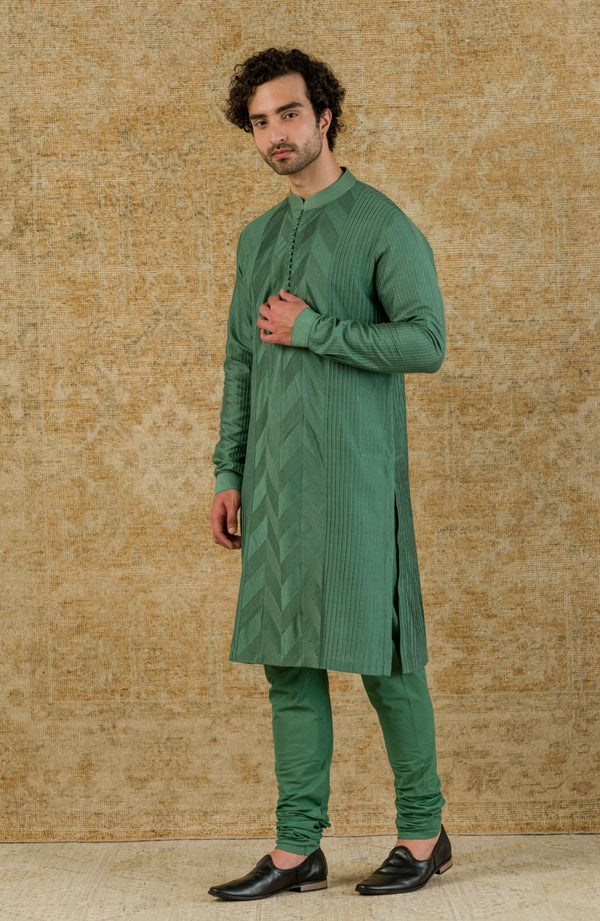 Green Pin Tuck Cotton Silk Kurta Set