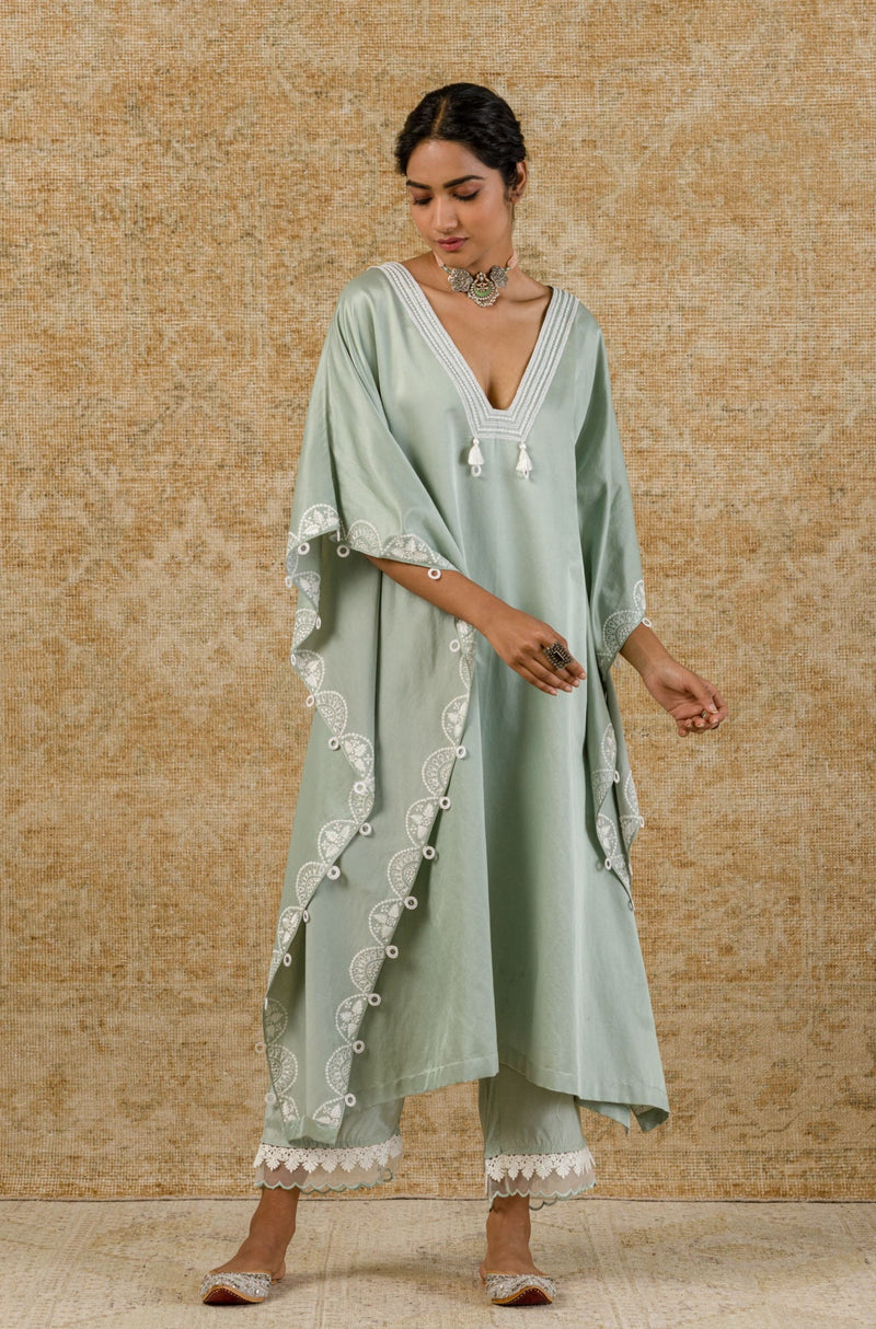 Sage Green Embroidered Cotton Silk Kaftan Set