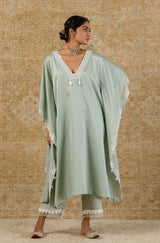 Sage Green Embroidered Cotton Silk Kaftan Set