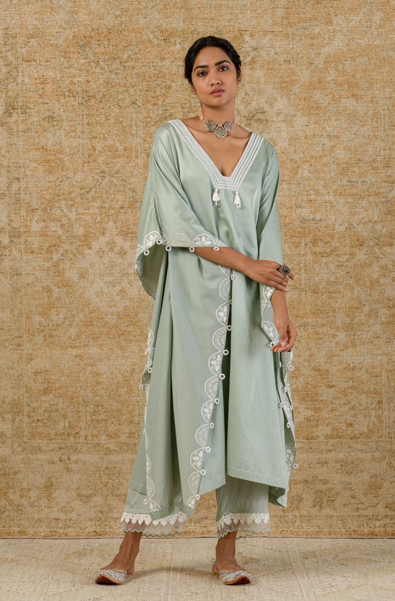 Sage Green Embroidered Cotton Silk Kaftan Set