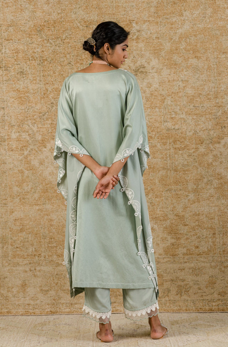 Sage Green Embroidered Cotton Silk Kaftan Set