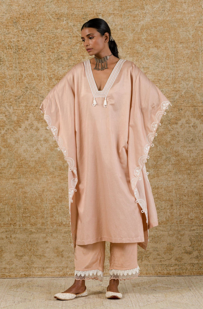 Rose Pink Embroidered Cotton Silk Kaftan Set (RTS)