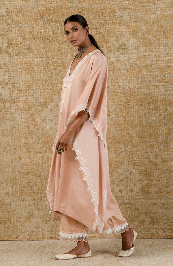 Rose Pink Embroidered Cotton Silk Kaftan Set
