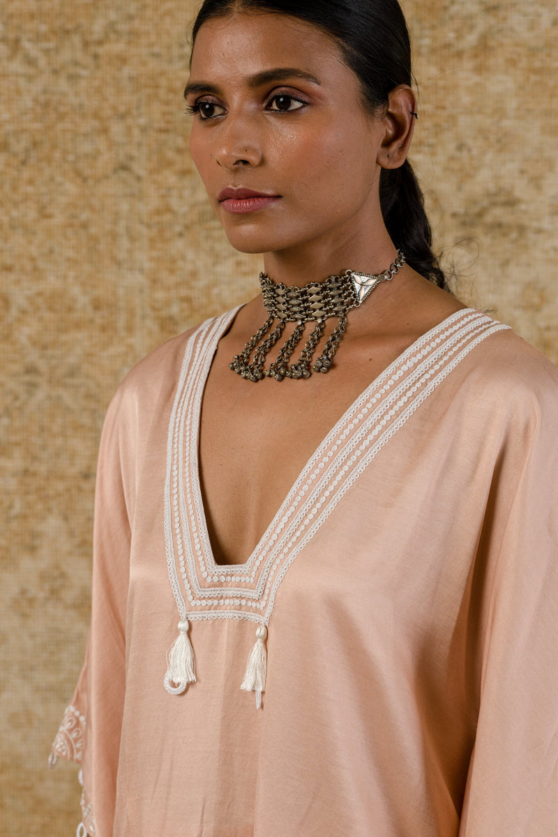 Rose Pink Embroidered Cotton Silk Kaftan Set (RTS)