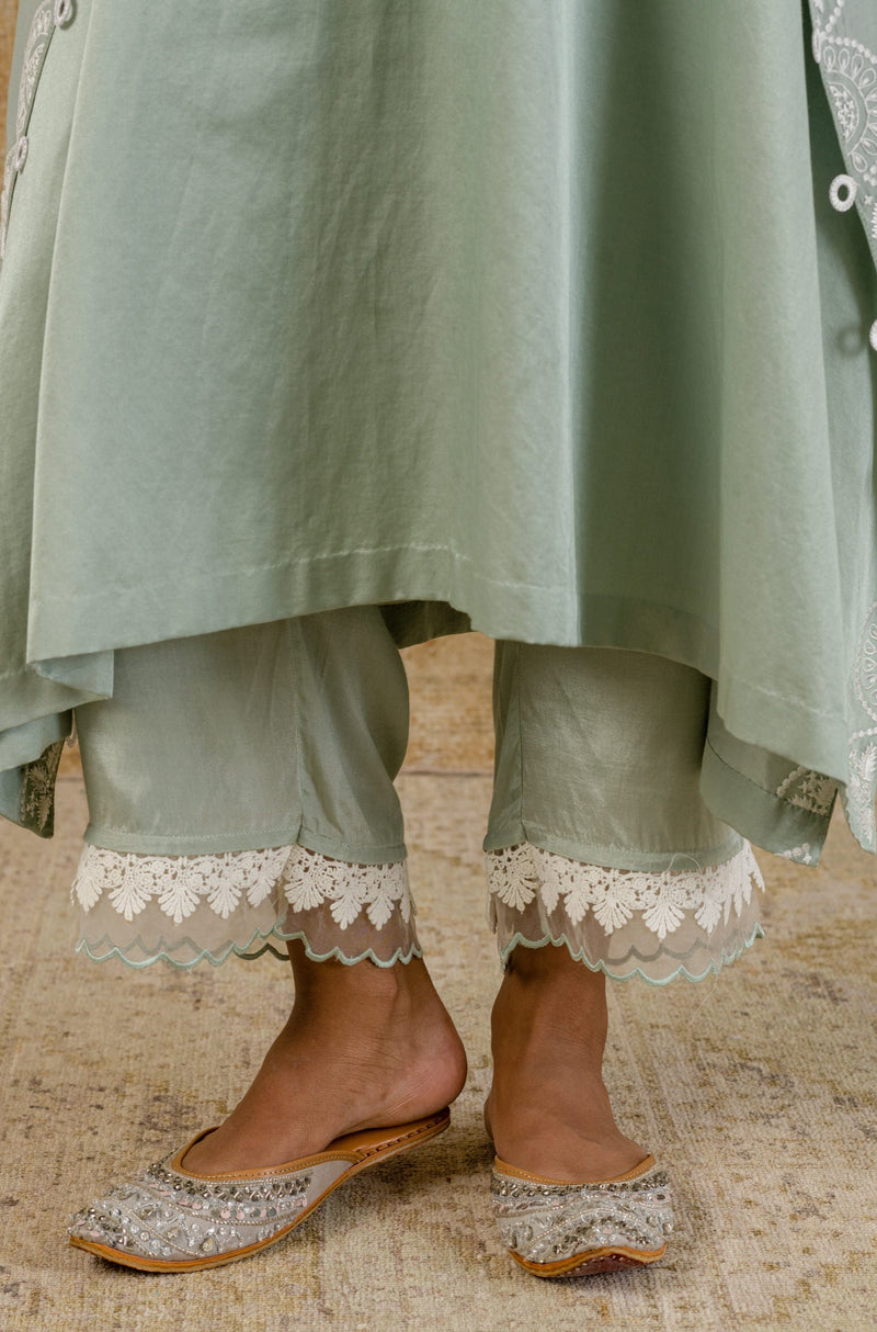 Sage Green Embroidered Cotton Silk Kaftan Set