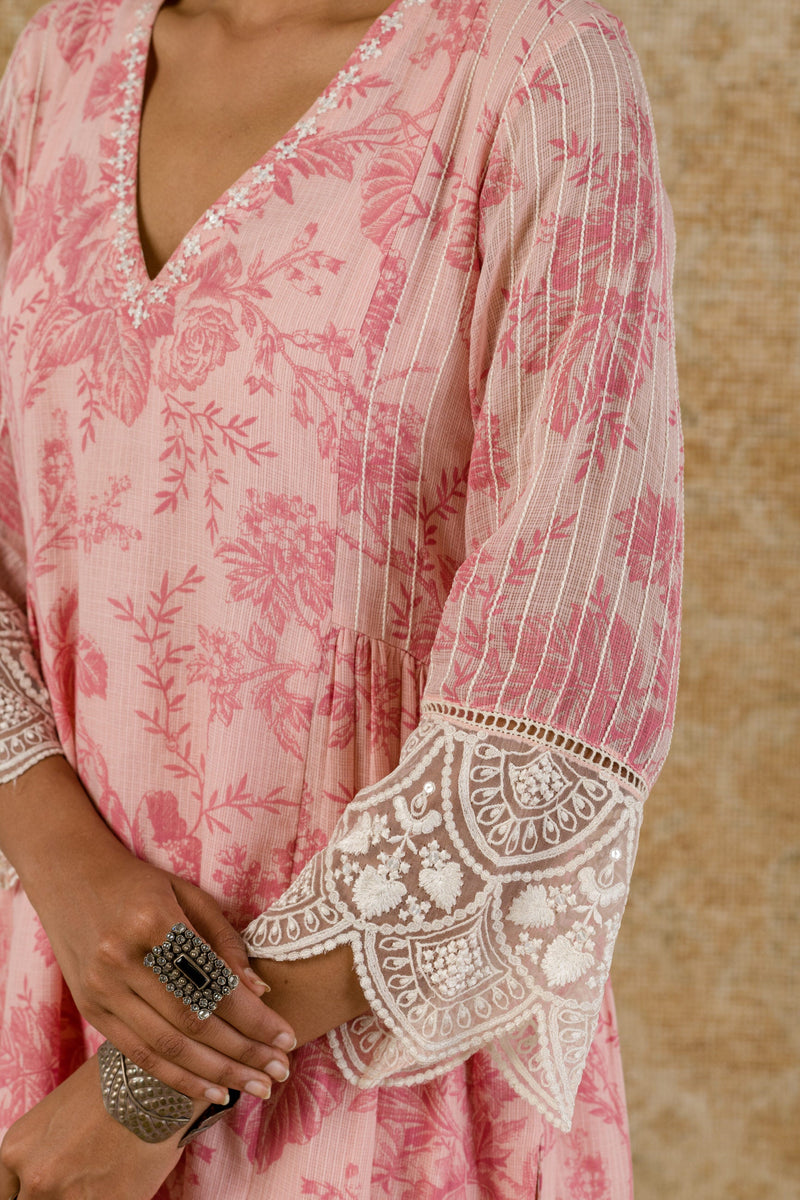 Alia Bhatt in Blush Pink Block Printed Kota Kurta Set