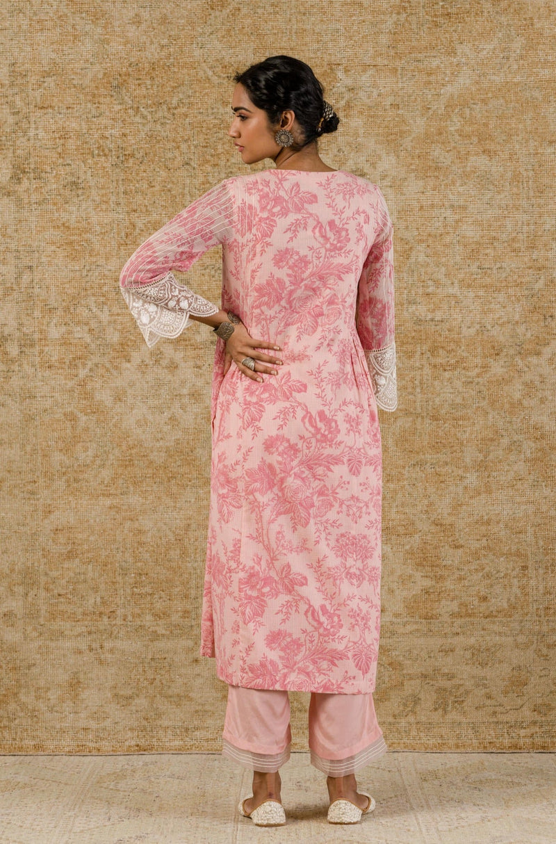 Alia Bhatt in Blush Pink Block Printed Kota Kurta Set