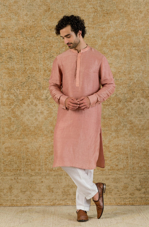 Rose Pink Linen Satin Kurta Set
