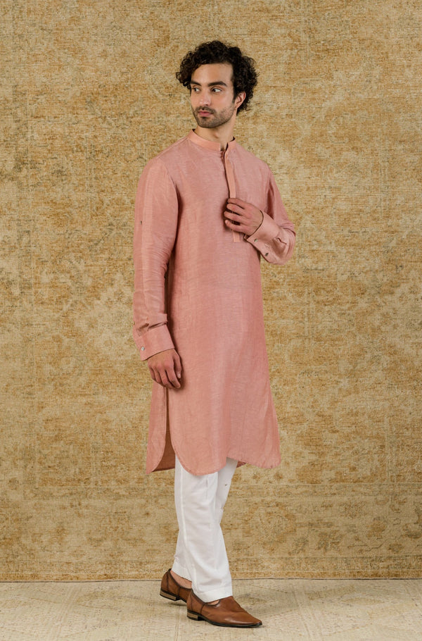 Rose Pink Linen Satin Kurta Set