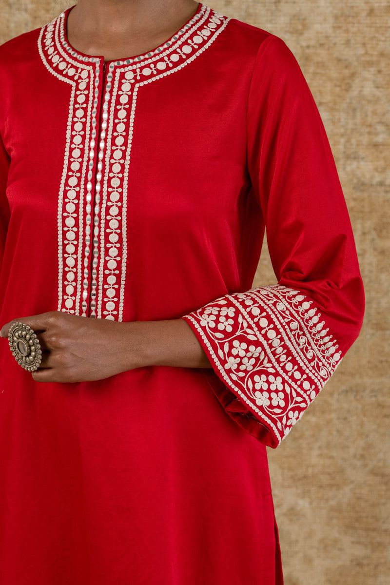 Red Cotton Silk Satin Embroidered Kurta Set