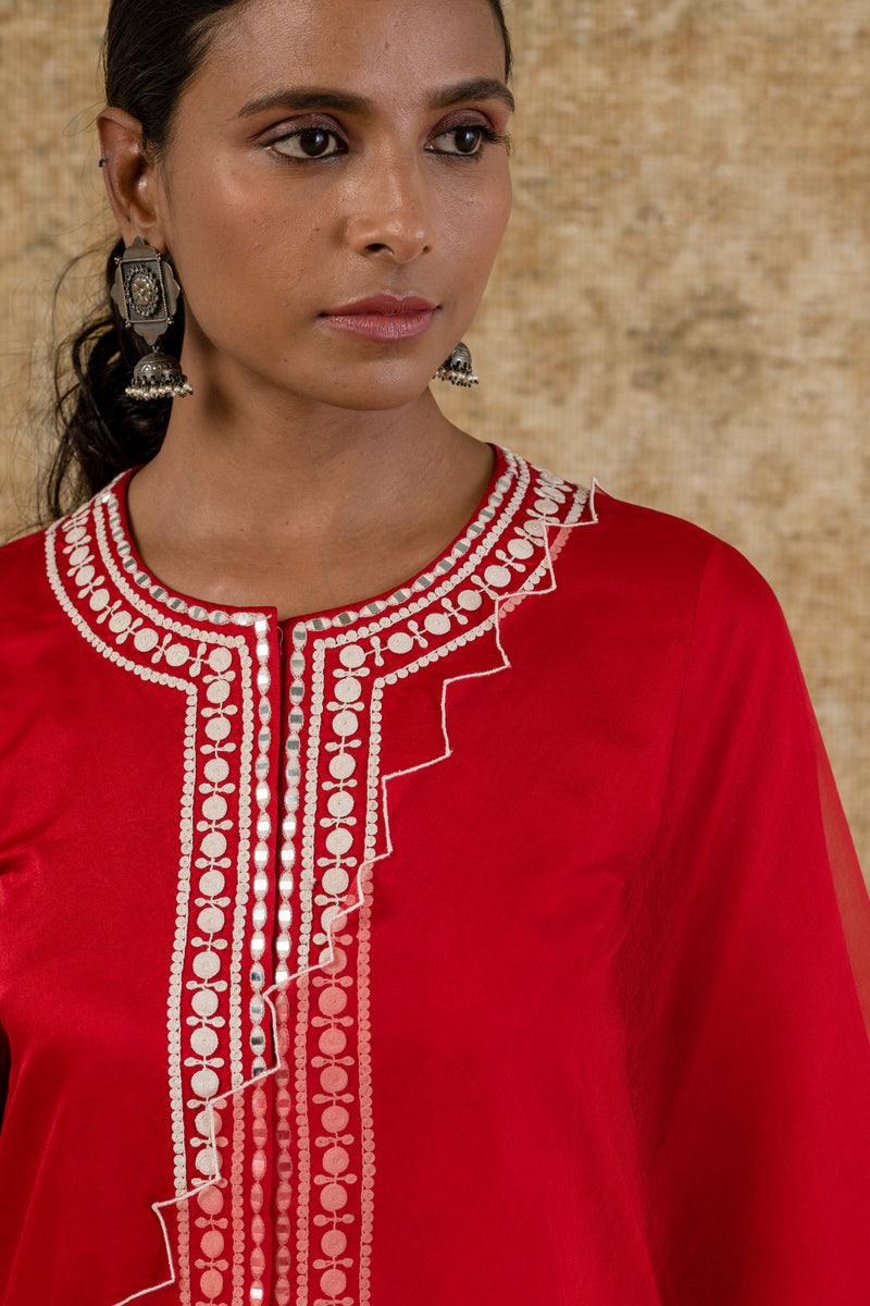 Red Cotton Silk Satin Embroidered Kurta Set