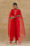 Red Cotton Silk Satin Embroidered Kurta Set