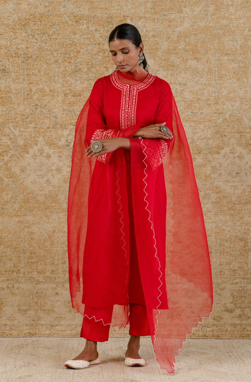 Red Cotton Silk Satin Embroidered Kurta Set