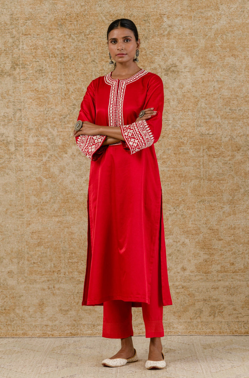 Red Cotton Silk Satin Embroidered Kurta Set