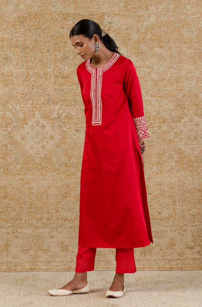 Red Cotton Silk Satin Embroidered Kurta Set