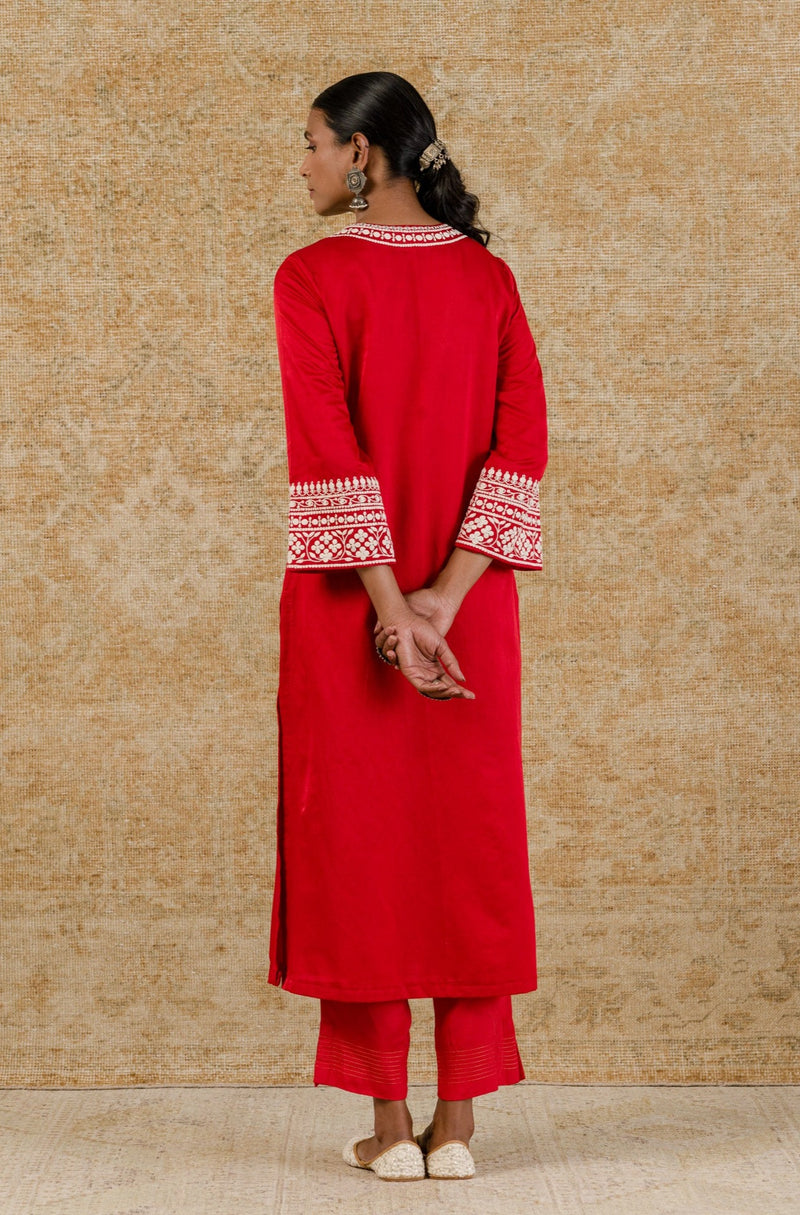 Red Cotton Silk Satin Embroidered Kurta Set