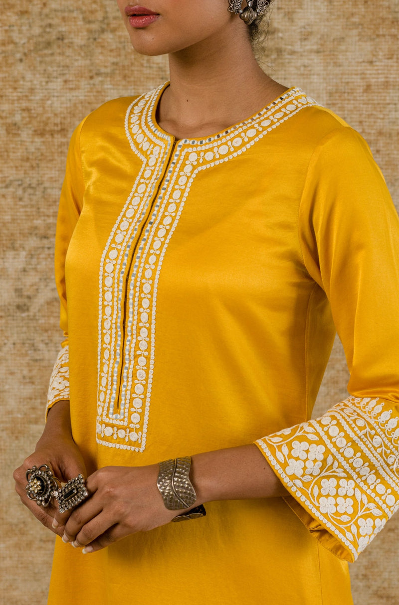 Mustard Cotton Silk Satin Embroidered Kurta Set