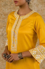 Mustard Cotton Silk Satin Embroidered Kurta Set (RTS)
