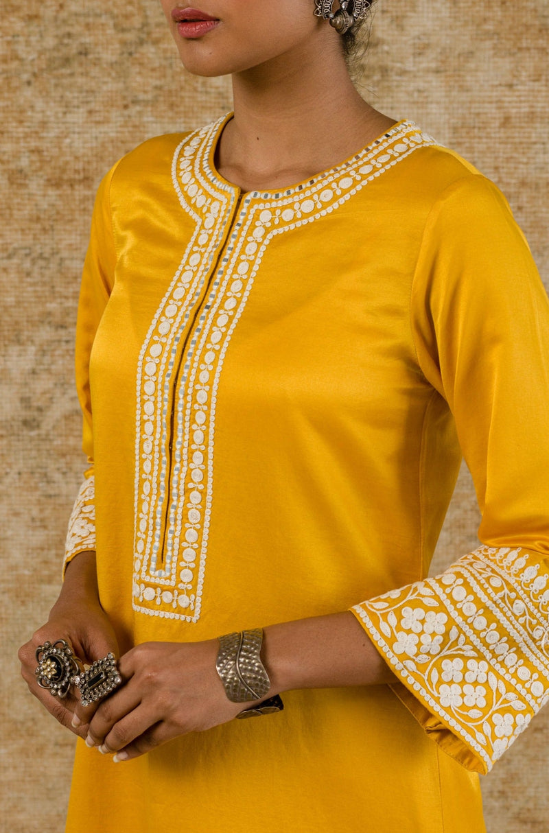 Mustard Cotton Silk Satin Embroidered Kurta Set (RTS)