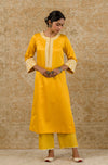 Mustard Cotton Silk Satin Embroidered Kurta Set