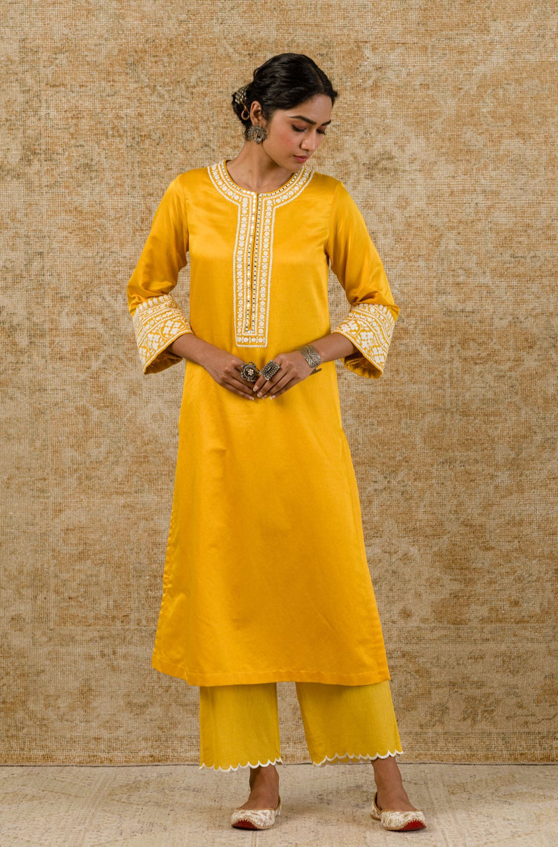 Mustard Cotton Silk Satin Embroidered Kurta Set