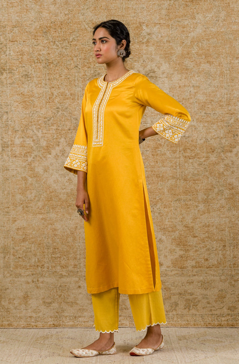 Mustard Cotton Silk Satin Embroidered Kurta Set