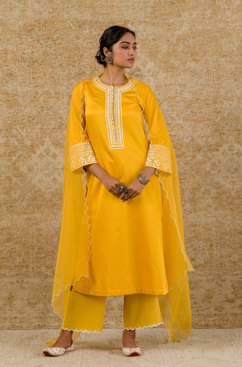 Mustard Cotton Silk Satin Embroidered Kurta Set