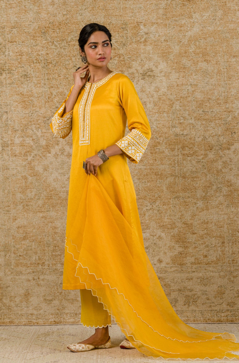 Mustard Cotton Silk Satin Embroidered Kurta Set