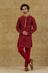 USAAMAH SIDDIQUE IN MAROON BLOCK PRINTED KURTA SET
