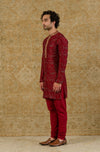 USAAMAH SIDDIQUE IN MAROON BLOCK PRINTED KURTA SET