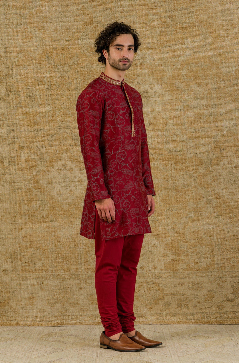 USAAMAH SIDDIQUE IN MAROON BLOCK PRINTED KURTA SET