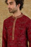 USAAMAH SIDDIQUE IN MAROON BLOCK PRINTED KURTA SET