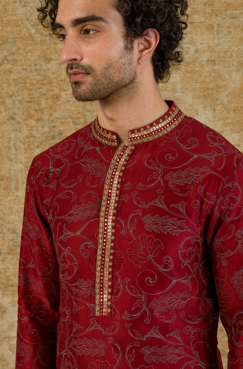 USAAMAH SIDDIQUE IN MAROON BLOCK PRINTED KURTA SET