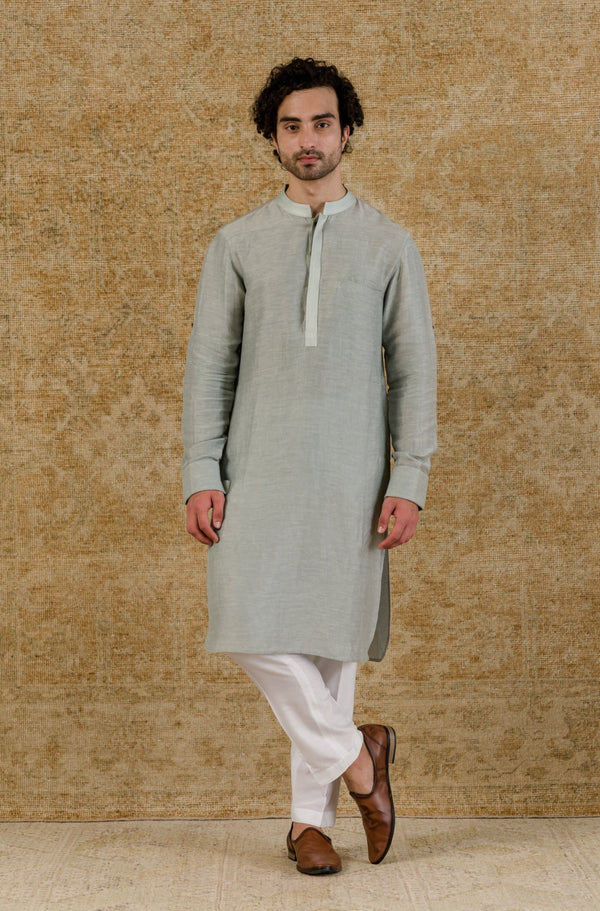 Ash Blue Linen Satin Kurta Set