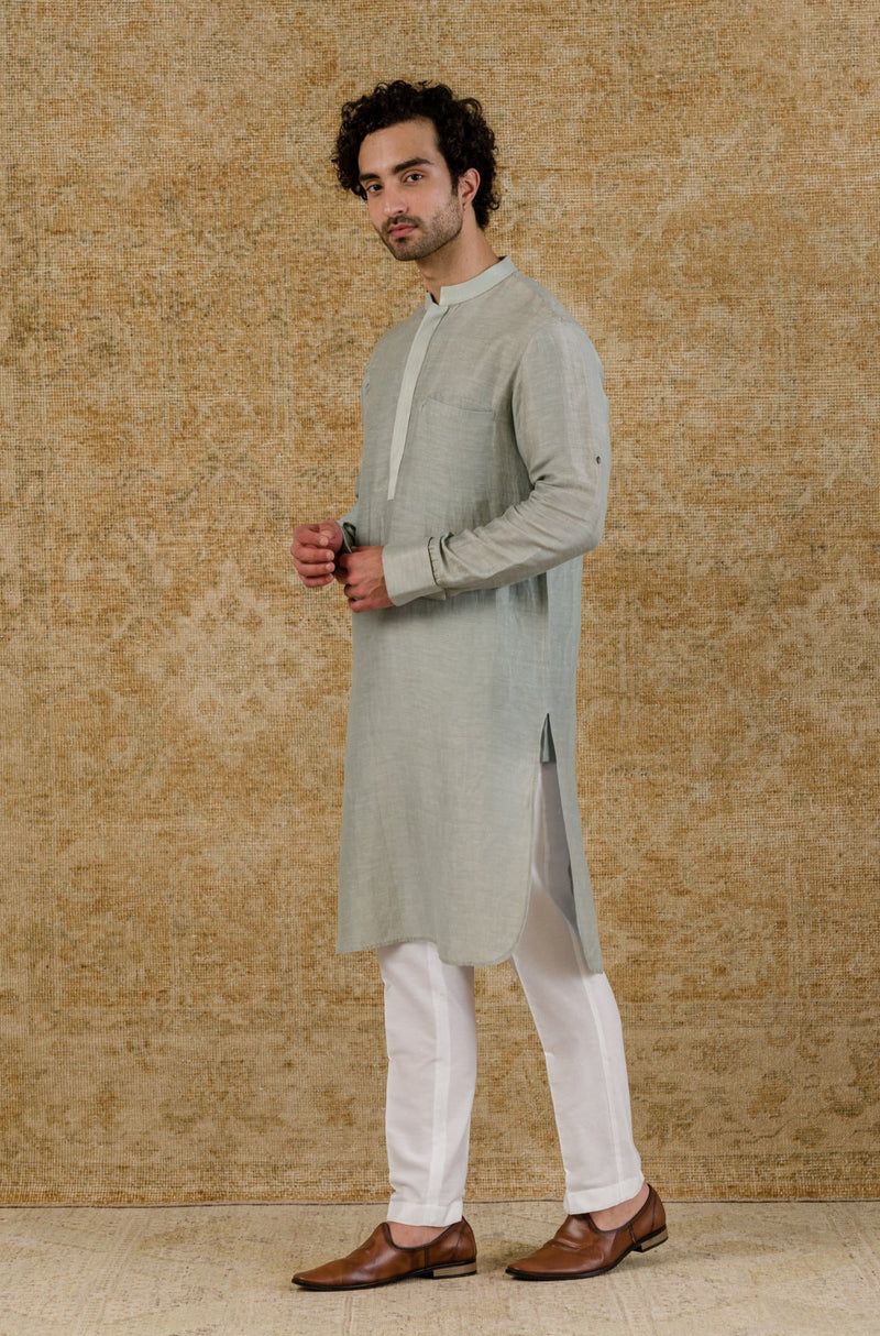 Ash Blue Linen Satin Kurta Set