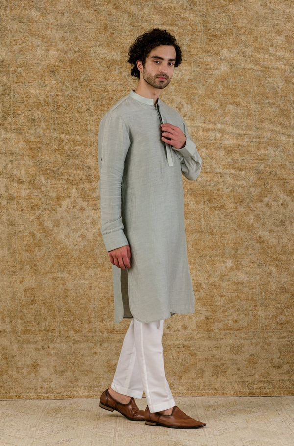 Ash Blue Linen Satin Kurta Set