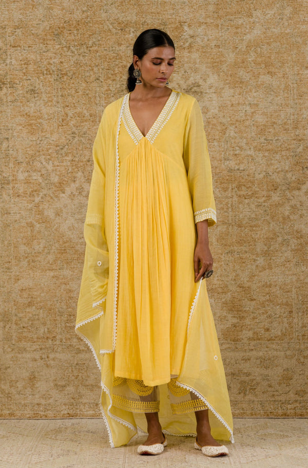 Yellow Embroidered Chanderi Kurta Set