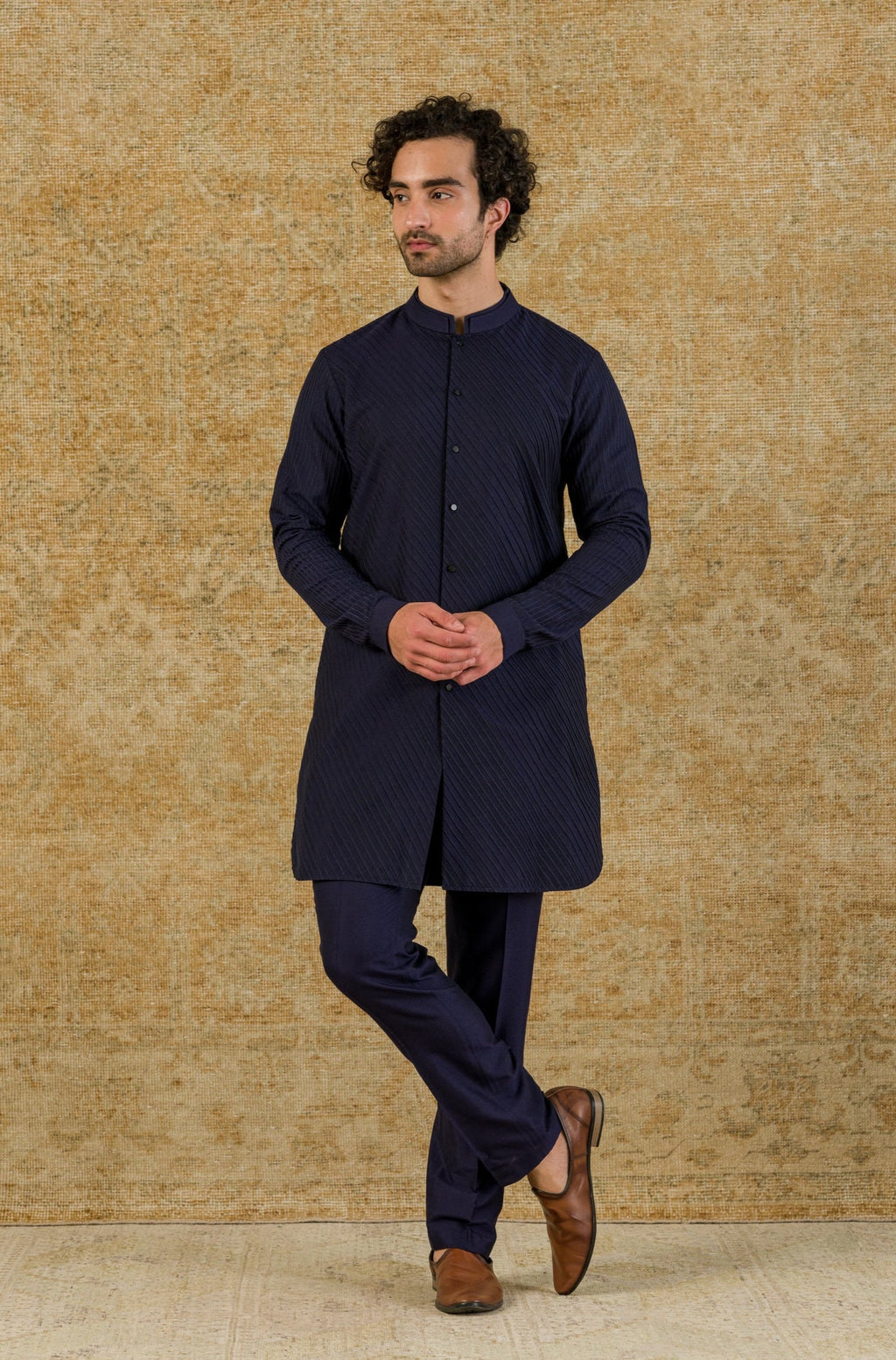 Navy Shirt Kurta In Cotton Silk Blend Set