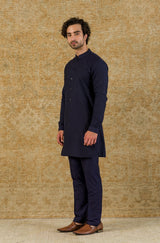 Navy Shirt Kurta In Cotton Silk Blend Set
