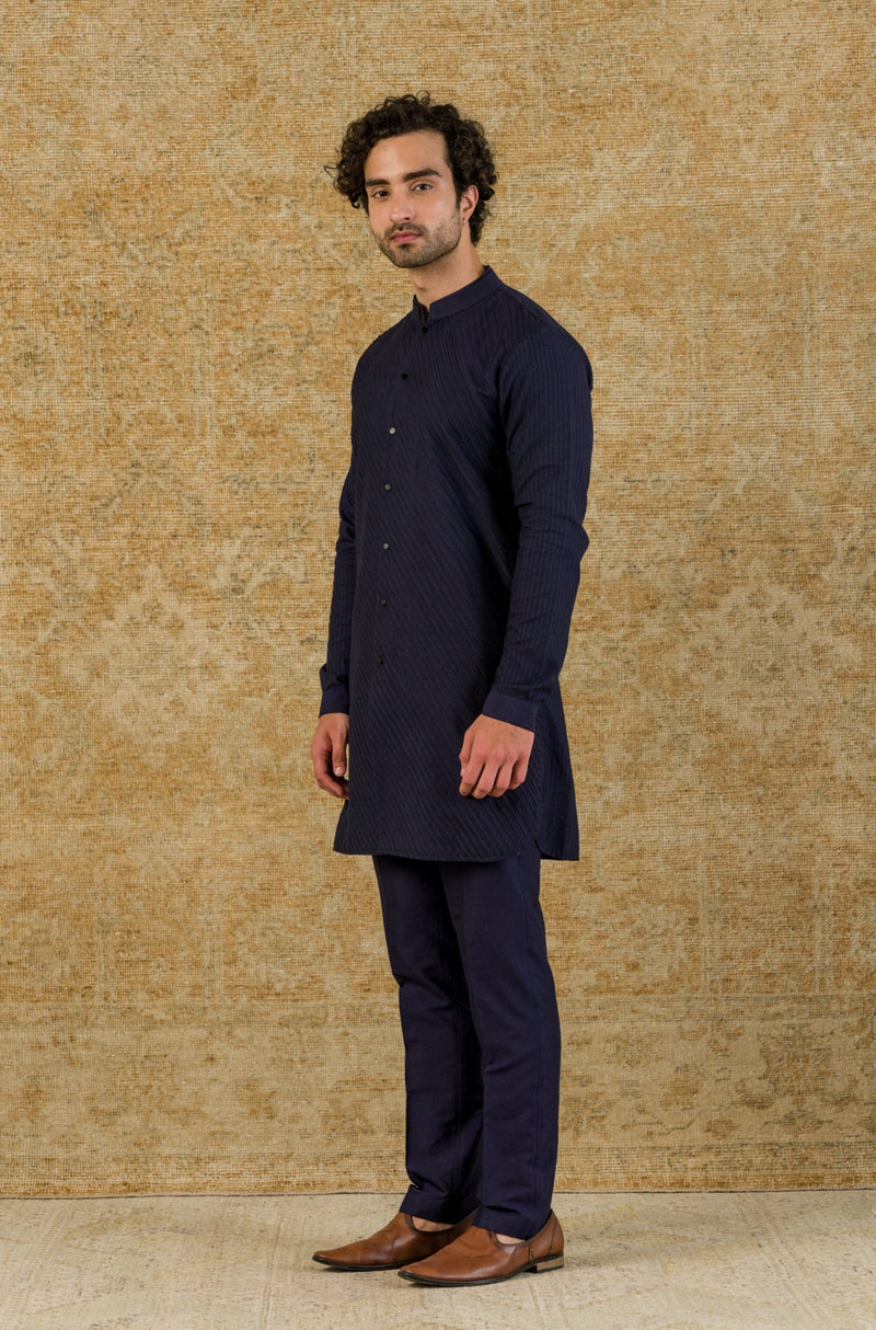 Navy Shirt Kurta In Cotton Silk Blend Set
