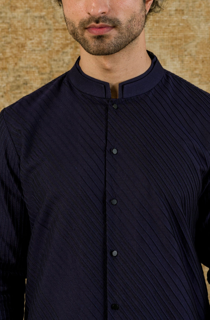 Navy Shirt Kurta In Cotton Silk Blend Set