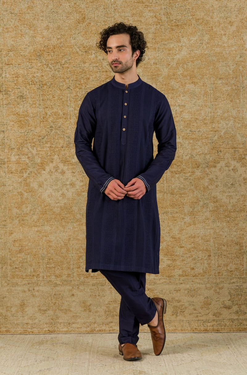 Navy Kurta Pintuck In Cotton Silk Blend Set