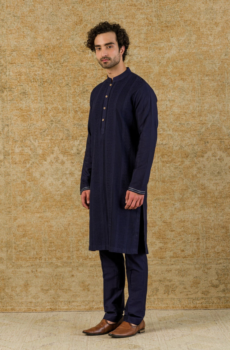 Navy Kurta Pintuck In Cotton Silk Blend Set