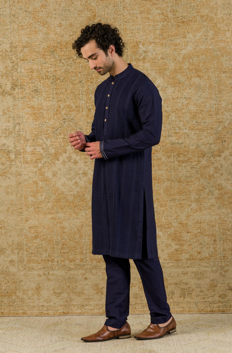 Navy Kurta Pintuck In Cotton Silk Blend Set