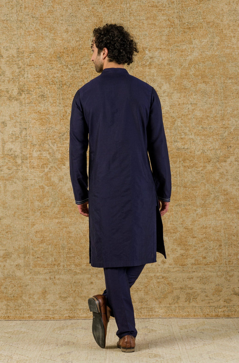 Navy Kurta Pintuck In Cotton Silk Blend Set