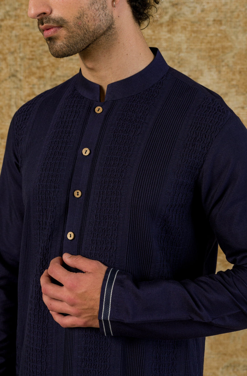 Navy Kurta Pintuck In Cotton Silk Blend Set